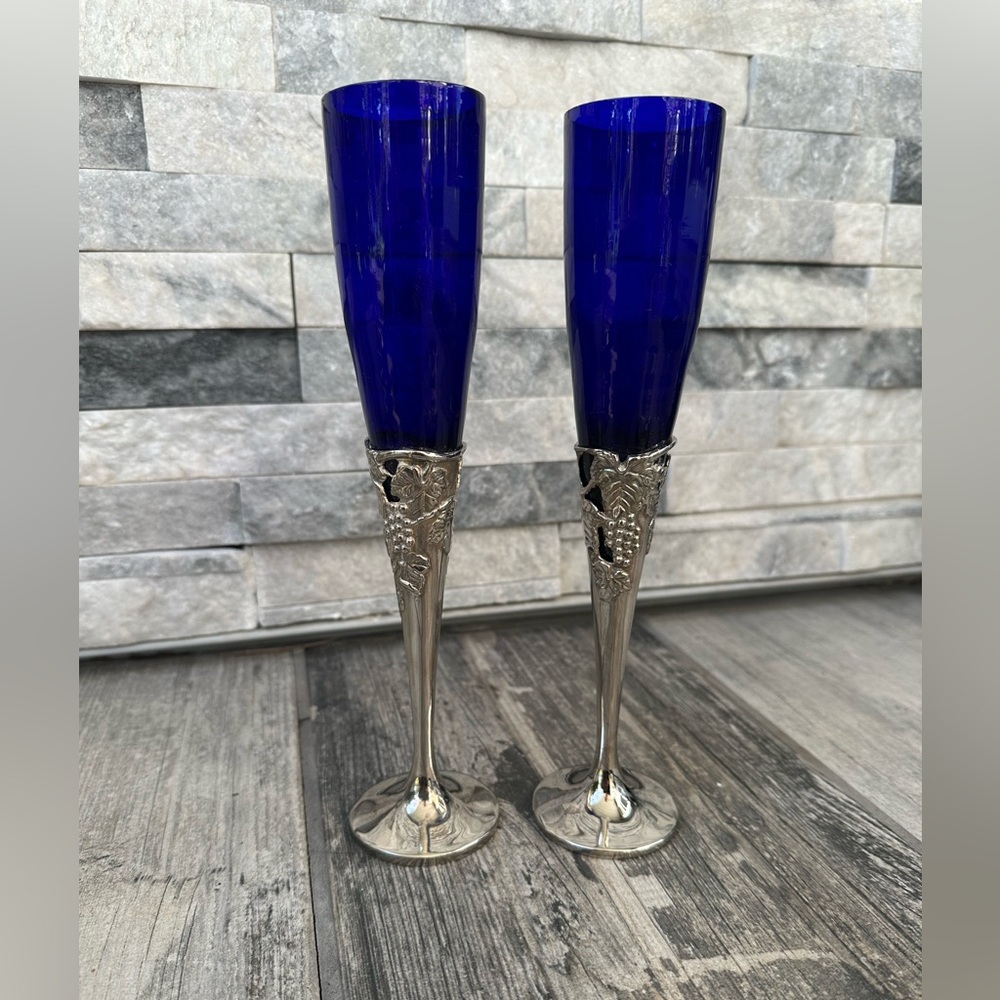 Silver plated cobalt blue fluted Champaign glasses Set of 2 - Picture 8 of 12